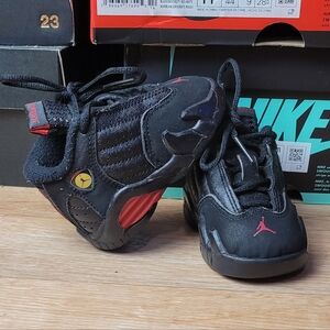 Kids Jordan 14 Black and Red Nike Shoes Size 2c
